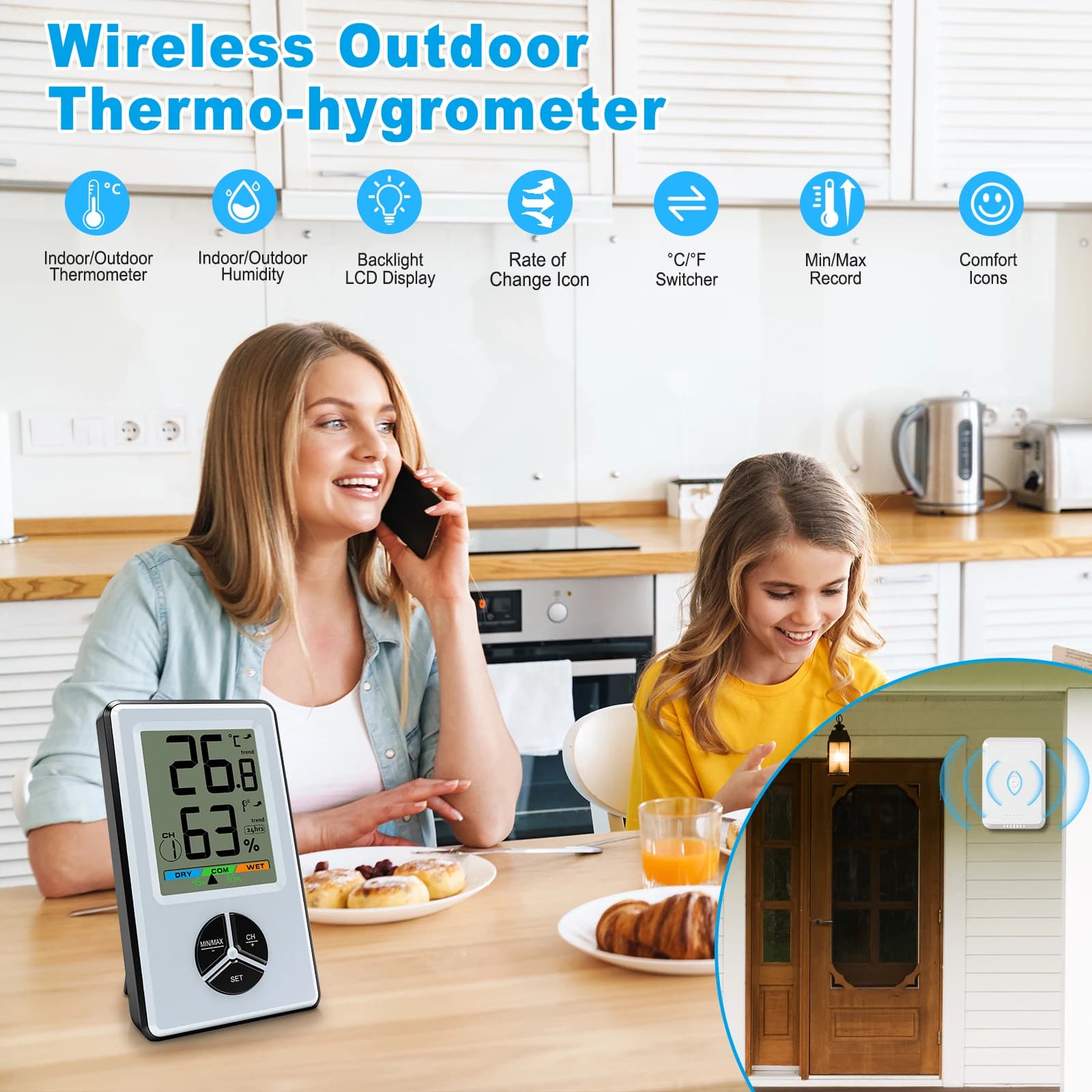 Wireless hygrometer for indoor and outdoor with monitor with flow rate of 328 feet 8 positions Retroilluminated LCD indicator for air comfort for home