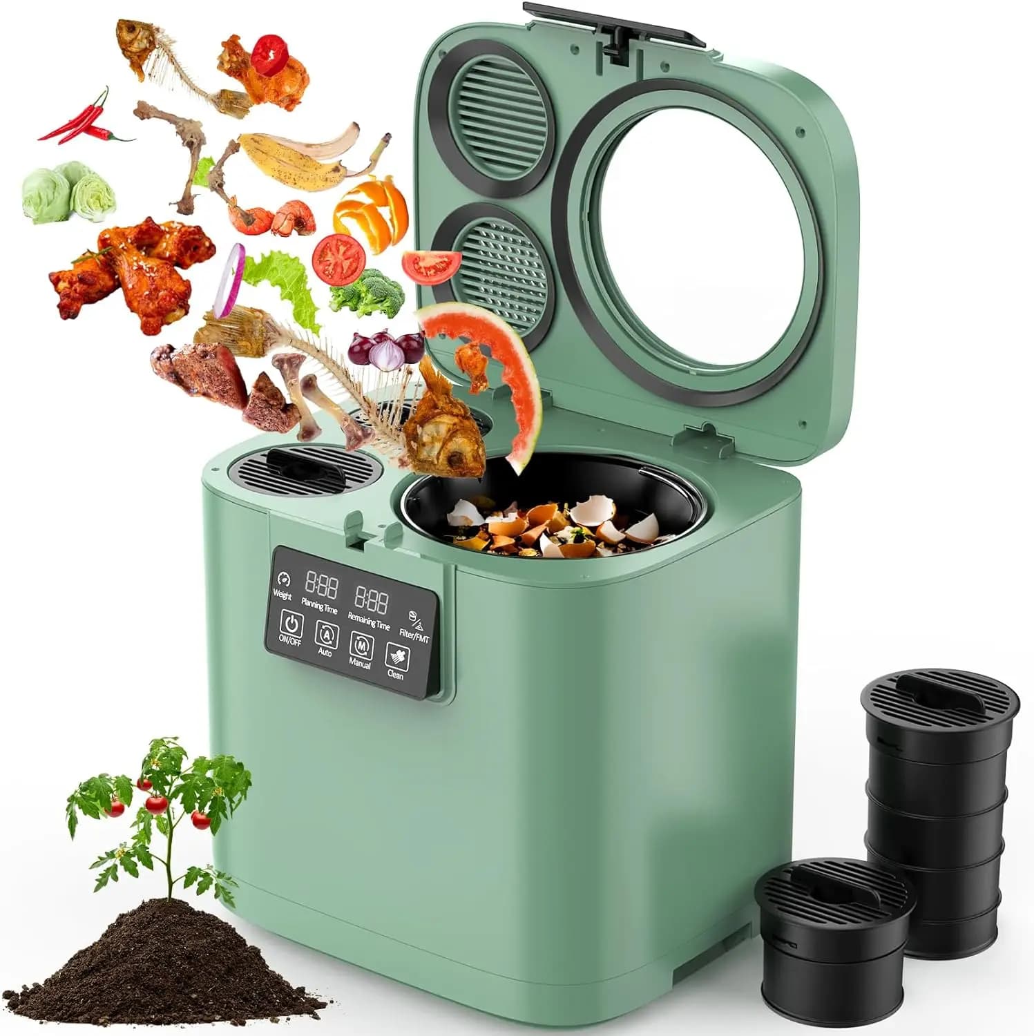 4L Electric Composter for Kitchen, Smart Countertop Compost Bin with Visible Window,Odorless & Low Noise, Auto-Cleaning,Turn