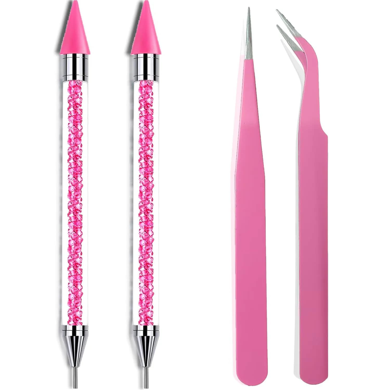 4 Pink Rhinestone Picker Tool Set 2Pcs Dual-Head Wax Pens 2 Tweezers Wax Pencil for Nail Art Crystal Diamond Pickup