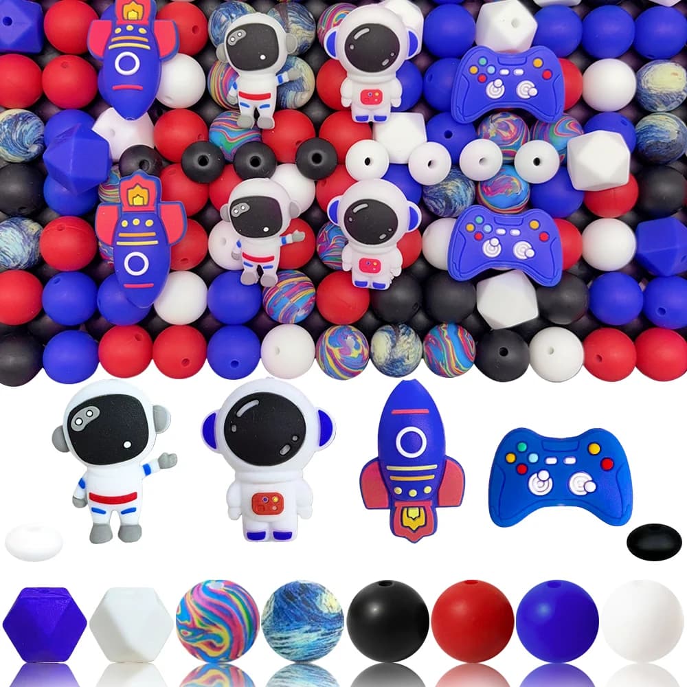 Set di perline in silicone serie astronauta da 32/74 pezzi, perfetto per l'artigianato fatto a mano fai-da-te come portachiavi, collane, bracciali, ecc.
