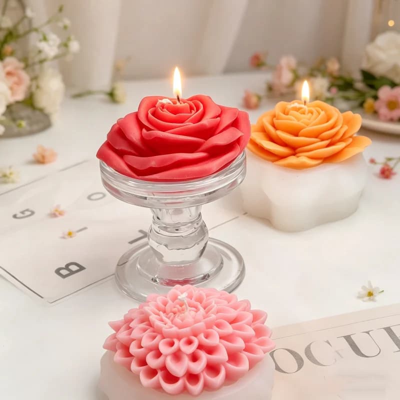 3d Floral Rose Bloom Silicone Candle Mold Dahlia Lotus Flower Style Molds, Handmade Scented Candles, Soaps, Romantic Home Decor