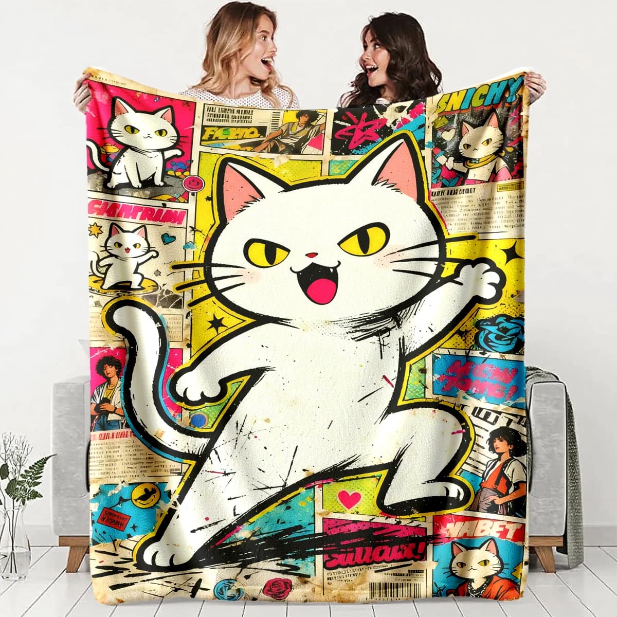Cartoon-style white cat trendy theme Flannel printed blanket suitable for all seasons suitable for living office sofa and travel