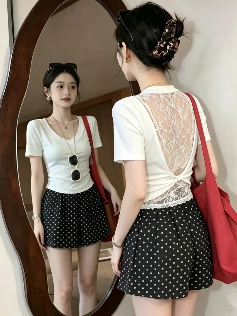 Pure Desire Sexy T-shirt bianca con scollo a V e maniche corte, con inserti in pizzo e schiena scavata, nuovo stile estivo, moda donna traspirante
