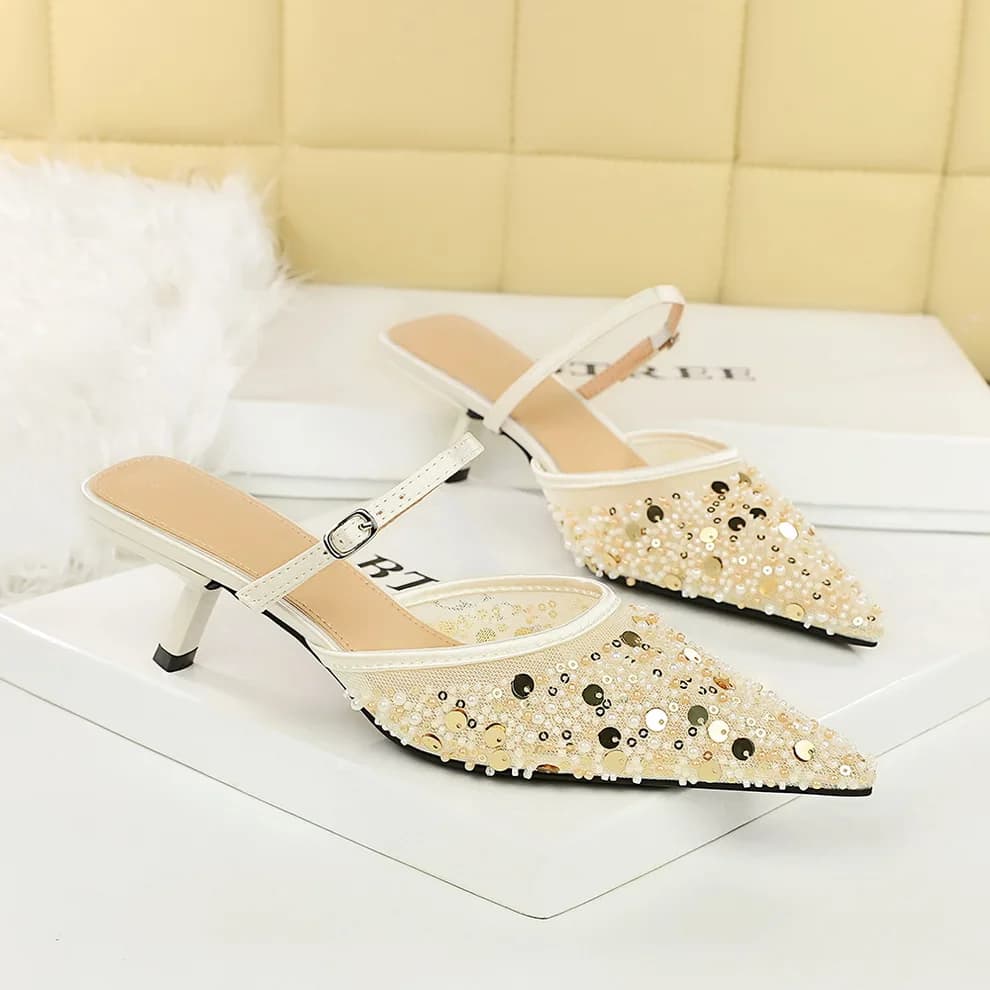 BIGTREE Grid with sequins Slingback High heels Lady Women's slippers Wedding party Fashion Clear Shoes White Black Stiletto 5 cm