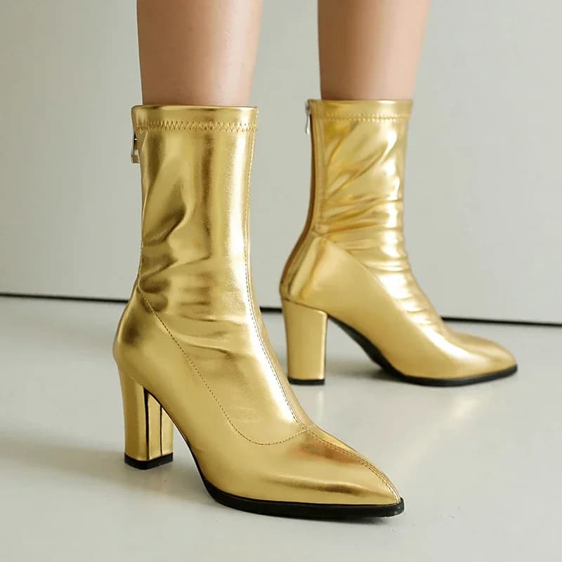 Calzini elasticizzati argento dorato Botines Big Size 44 43 Cerniera posteriore Punta a punta Blocco Tacchi alti Stivaletti da donna moda sexy