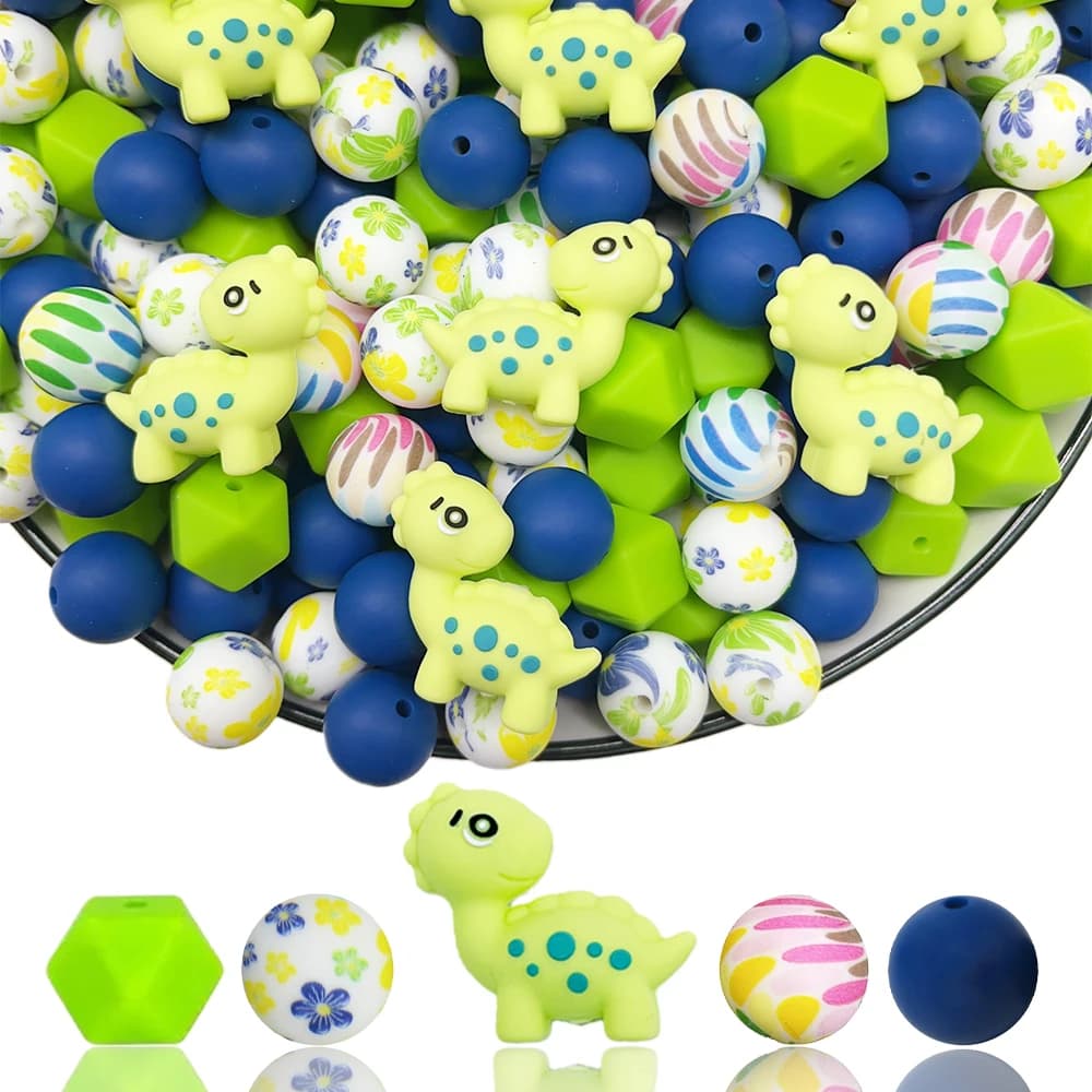 Set di 32 perline in silicone a forma di dinosauro verde - Adatte per portachiavi fai da te, braccialetti, penne decorative e ciondoli - Perfette come regalo