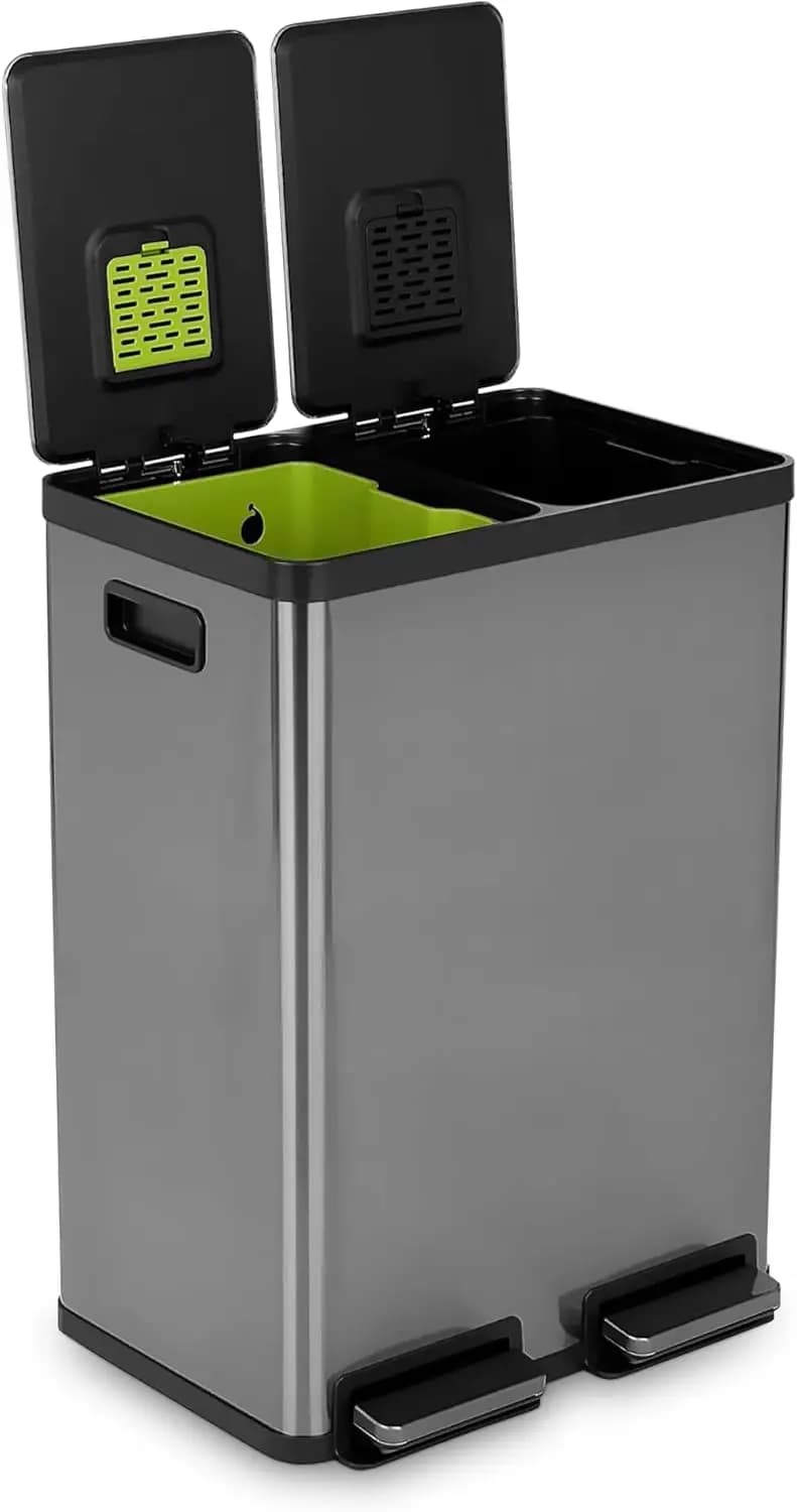 Cestino per rifiuti elegante nero da 60 litri (16 galloni) con coperchio a chiusura graduale - Bidone della spazzatura da cucina a doppio scomparto con contenitori per rifiuti e riciclo