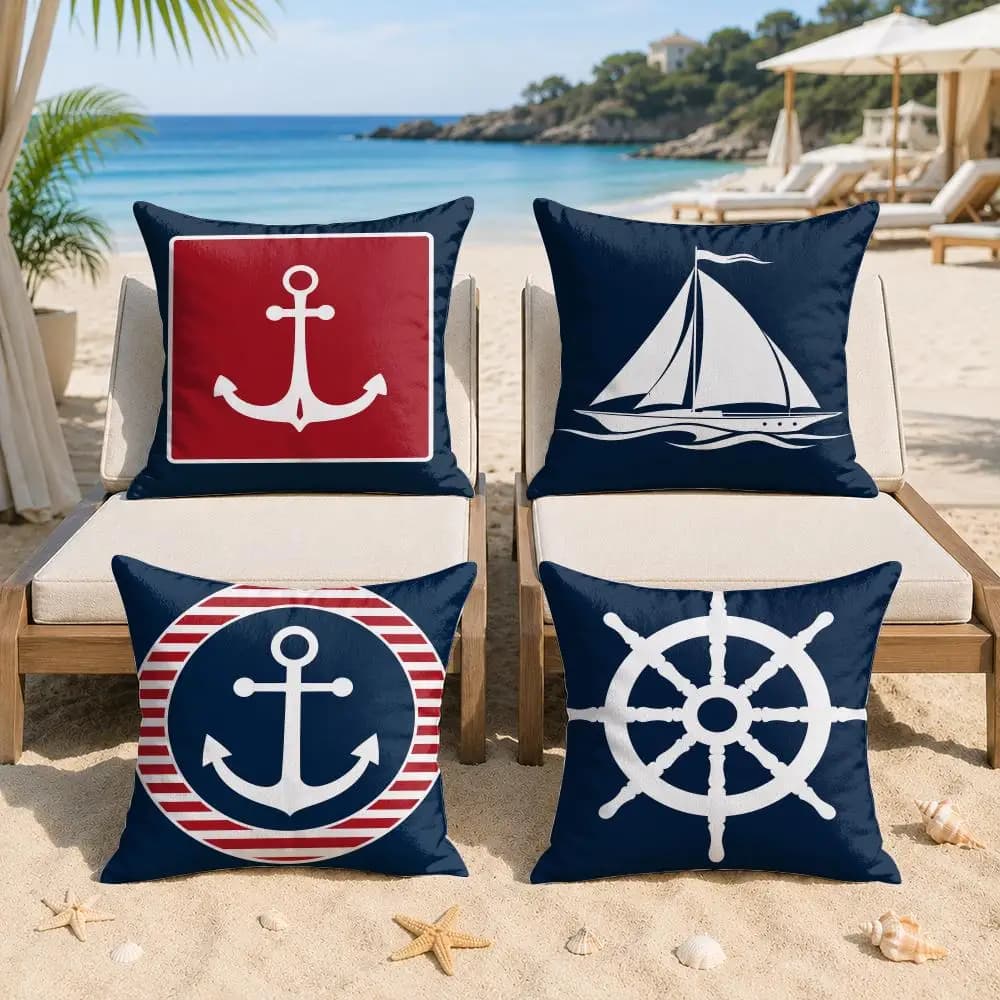 Navy Blue Nautical Ocean Boat Anchor Cushion Cover Silky Short Plush Invisible Zipper Dustproof Sofa Pillow Case For Home Decor