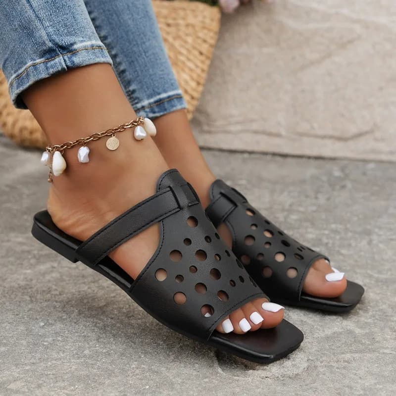 2025 New Hollow Slippers for Women Large Size Flat Slippers Summer New Square Head Hollow Soft Sandals Women's Shoes Slides