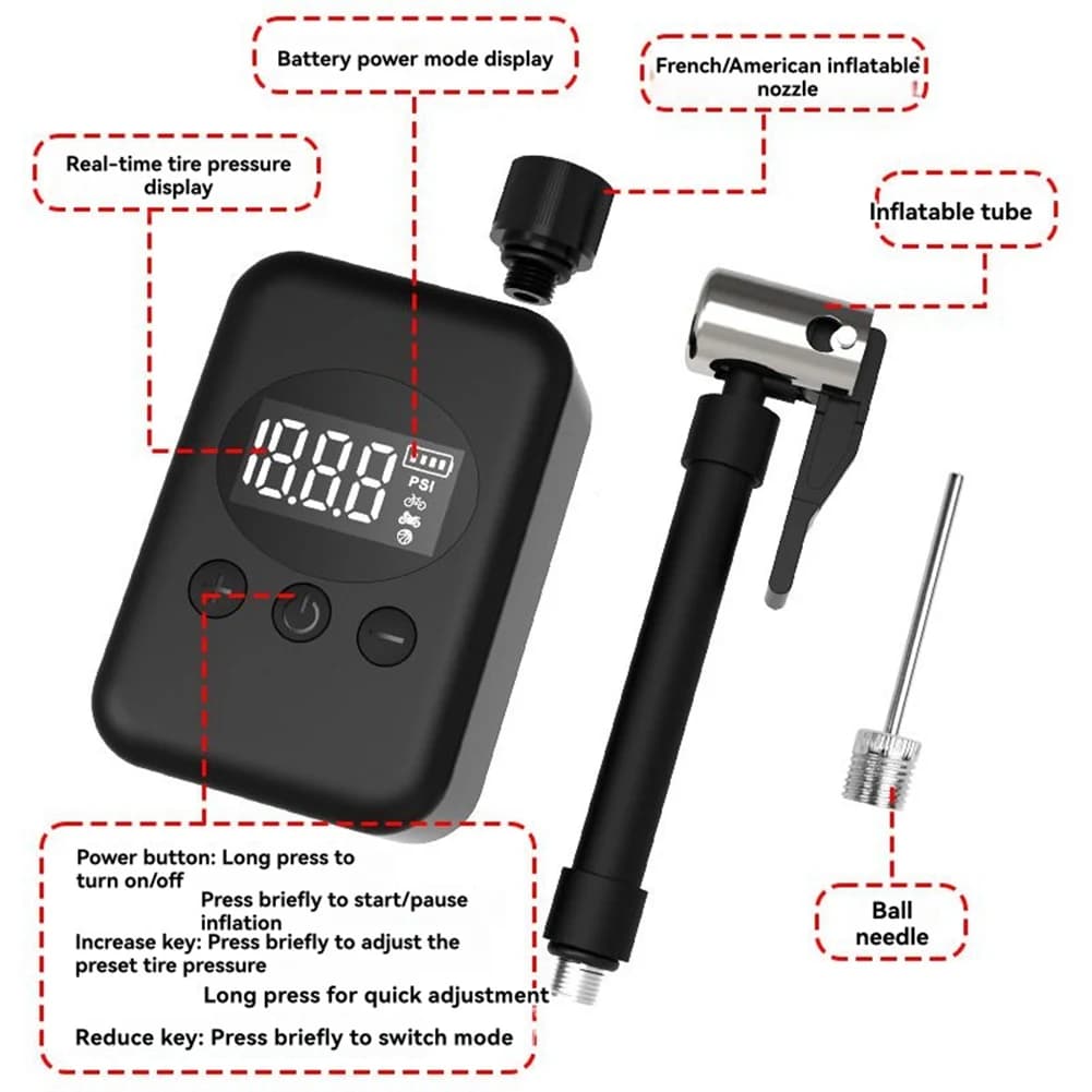 Pompa per Bicicletta Elettrica INABEZ, Mini Pompa Portatile con Manometro Digitale PSI, Gonfiatore per Pneumatici di Moto e Bici da Strada