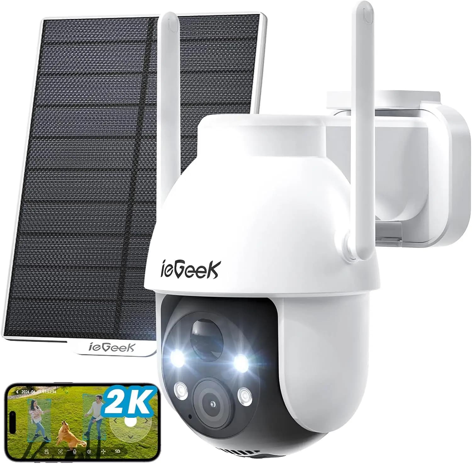 ieGeek 2K 3MP 360 ° Telecamera di sorveglianza solare esterna PTZ HD, batteria esterna con sensore di movimento PIR, visione notturna a colori