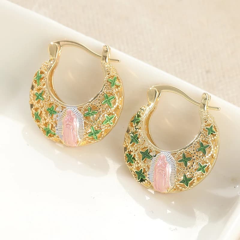 Gold Plated Hollow Virgin Mary Hoop Earrings Green Enamel Star Pattern C-shaped Ear Buckles Religious Vintage Women Fashion Jewelry