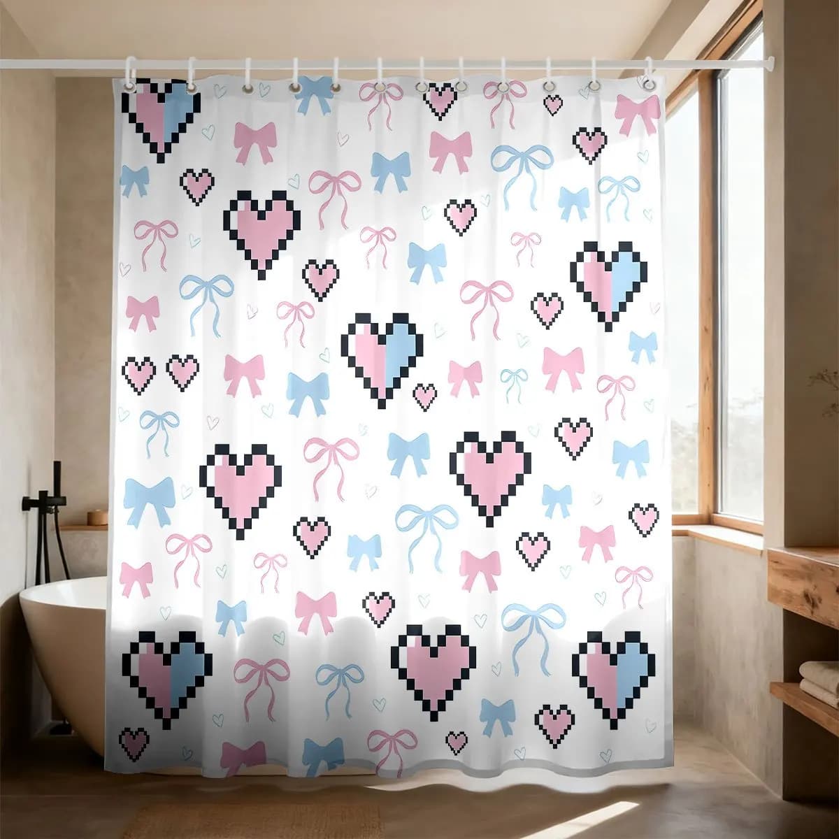 Cute Pixel Art Heart Ribbon Shower Curtain Waterproof Bathroom Decor Kawaii Kawaii Nursery Bows Retro Game Style Gift for Kids H