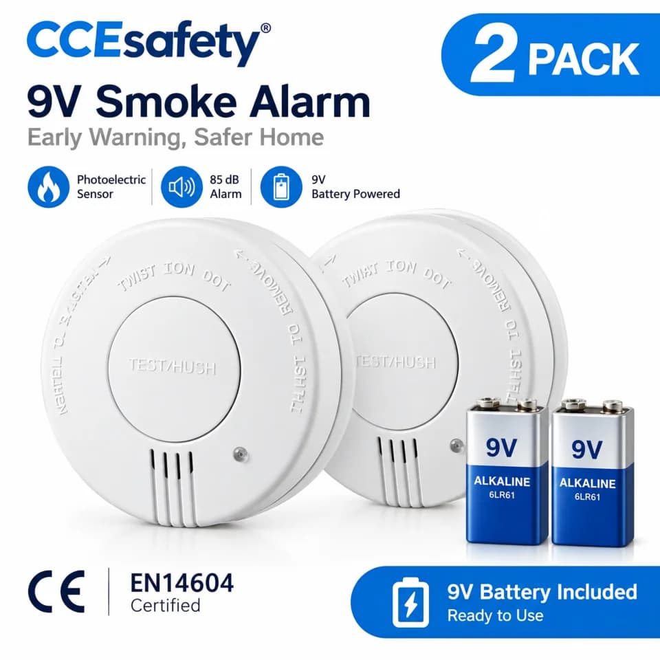 2 Pack Smoke Detector Photoelectric Smoke Sensor for Home 10 Years Sensor Life 9V Battery Operated Hush Button