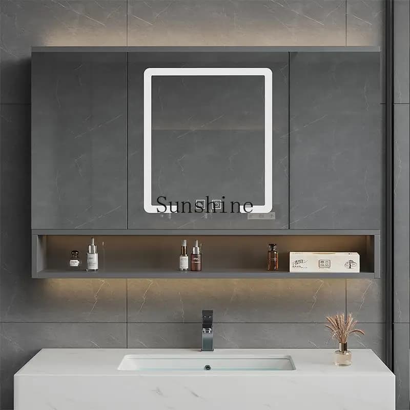 Specchio da bagno nascosto con specchio feng shui intelligente in legno massello push-pull, portaoggetti, con rack