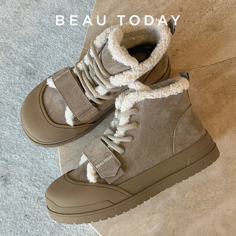BEAUTODAY Furry Shoes Women Cow Suede Leather Round Toe Hook Loop Warm Short Plush Lace-up Winter Ladies Snow Boots 08230