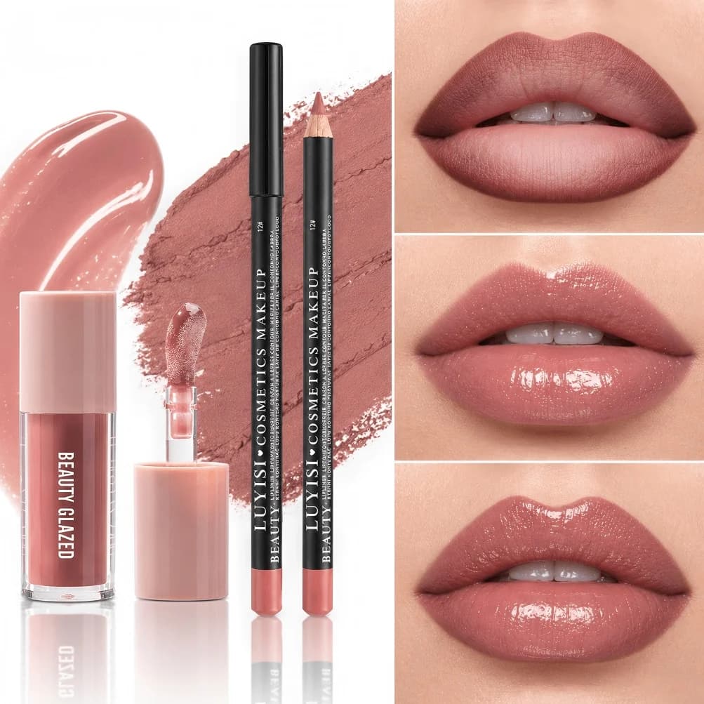 Set di 2 kit labbra, 1 matita labbra impermeabile per definire le labbra, 1 rossetto liquido idratante, finitura opaca e lucida, combo naturale