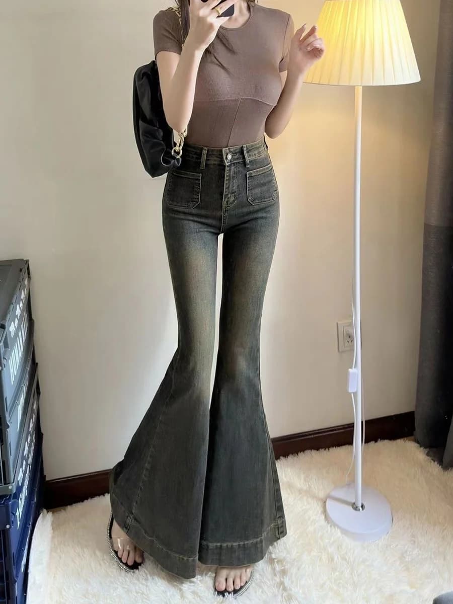 Jeans a Vita Alta e Gamba Larga da Donna, Pantaloni Estivi Slim Fit in Denim, Modello Bootcut Lungo e Comodo, Blu Lavato Vintage
