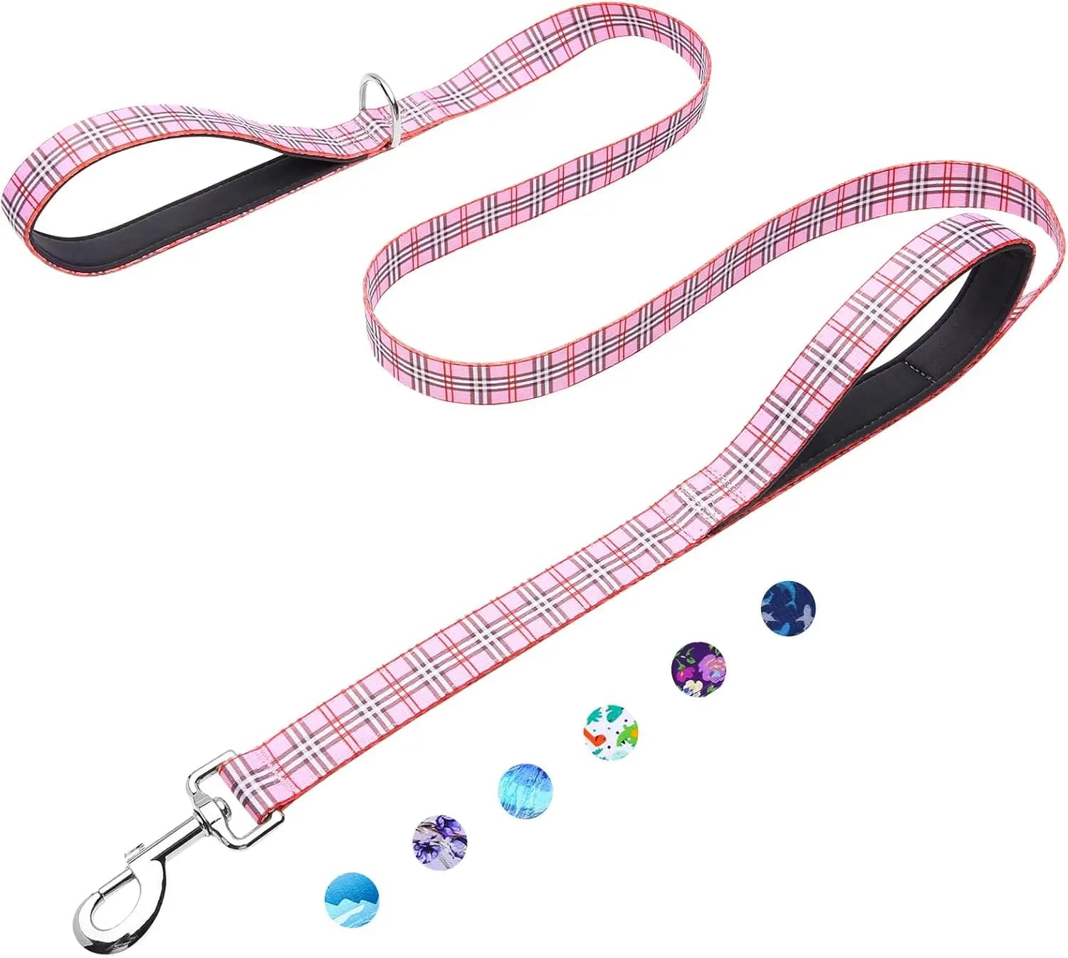 Guinzaglio per Cani Resistente da 1,8 m con Doppi Manici Imbottiti, Guinzaglio in Nylon Anti-Groviglio per Cani di Piccola e Grande Taglia in Tartan Rosa