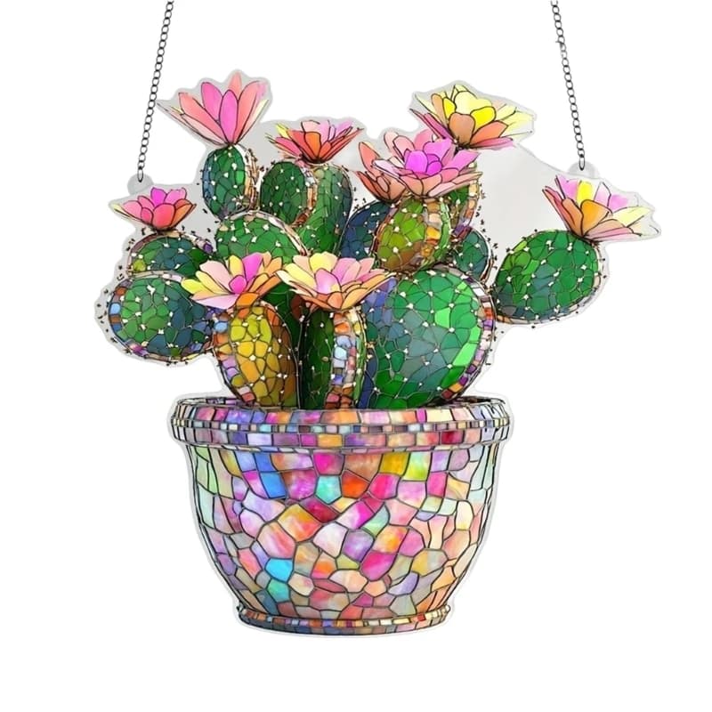 F19B Finestra in vetro colorato da appendere, fiori cactus, acchiappasole, ornamento da appendere
