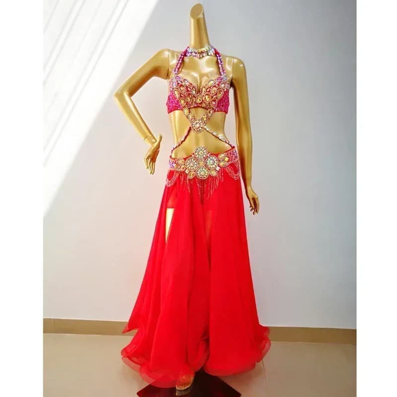 yesTop Quality New Women Belly Dance Costume Set Showgirl Belly Dancing Clothes EDC Halloween Bellydance Bra Belt Skirt 4pcs Sui