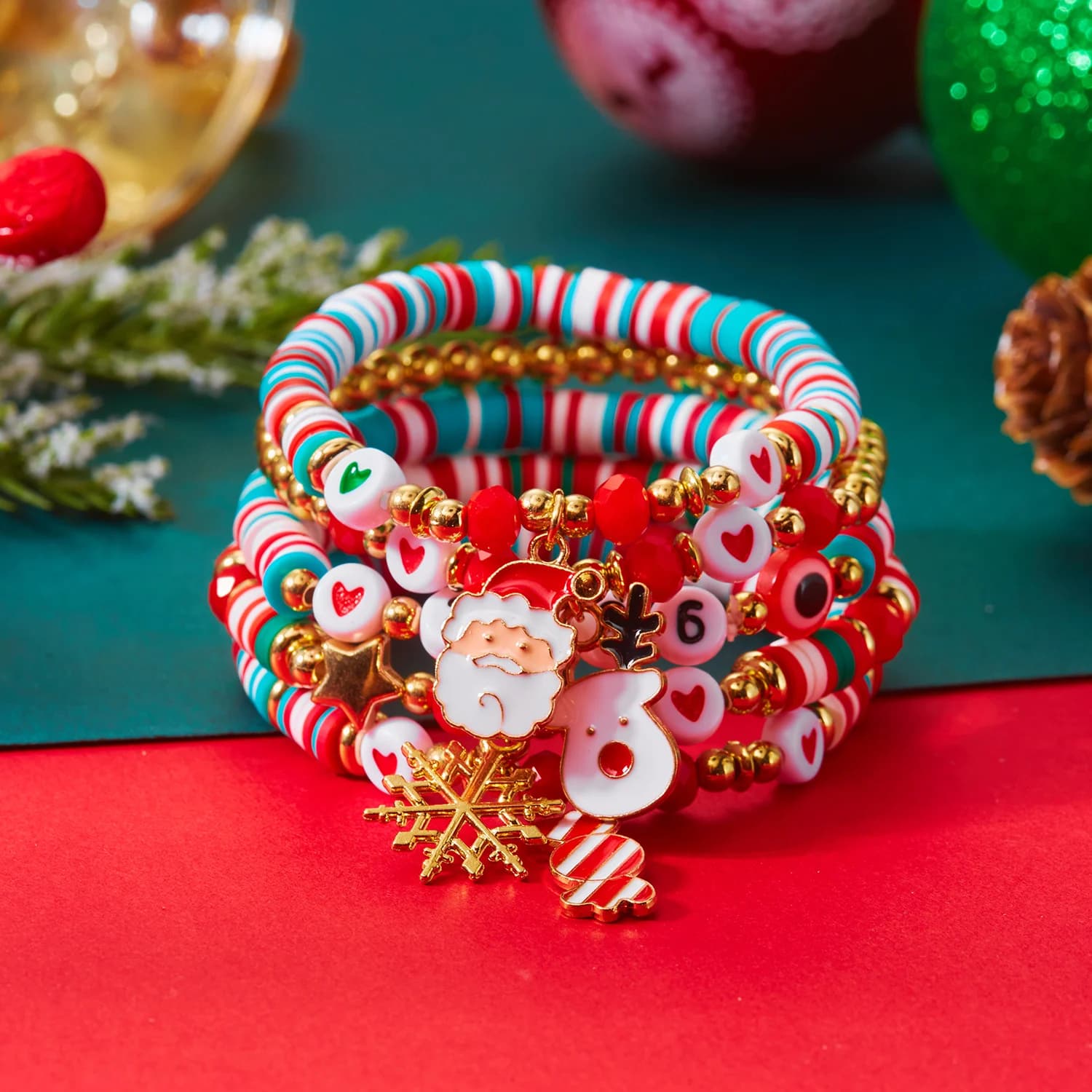 Bracciale natalizio in argilla polimerica fatto a mano con fiocco di neve, cervo, pupazzo di neve, per le donne, graziosi braccialetti natalizi festivi, set regalo di gioielli di Capodanno