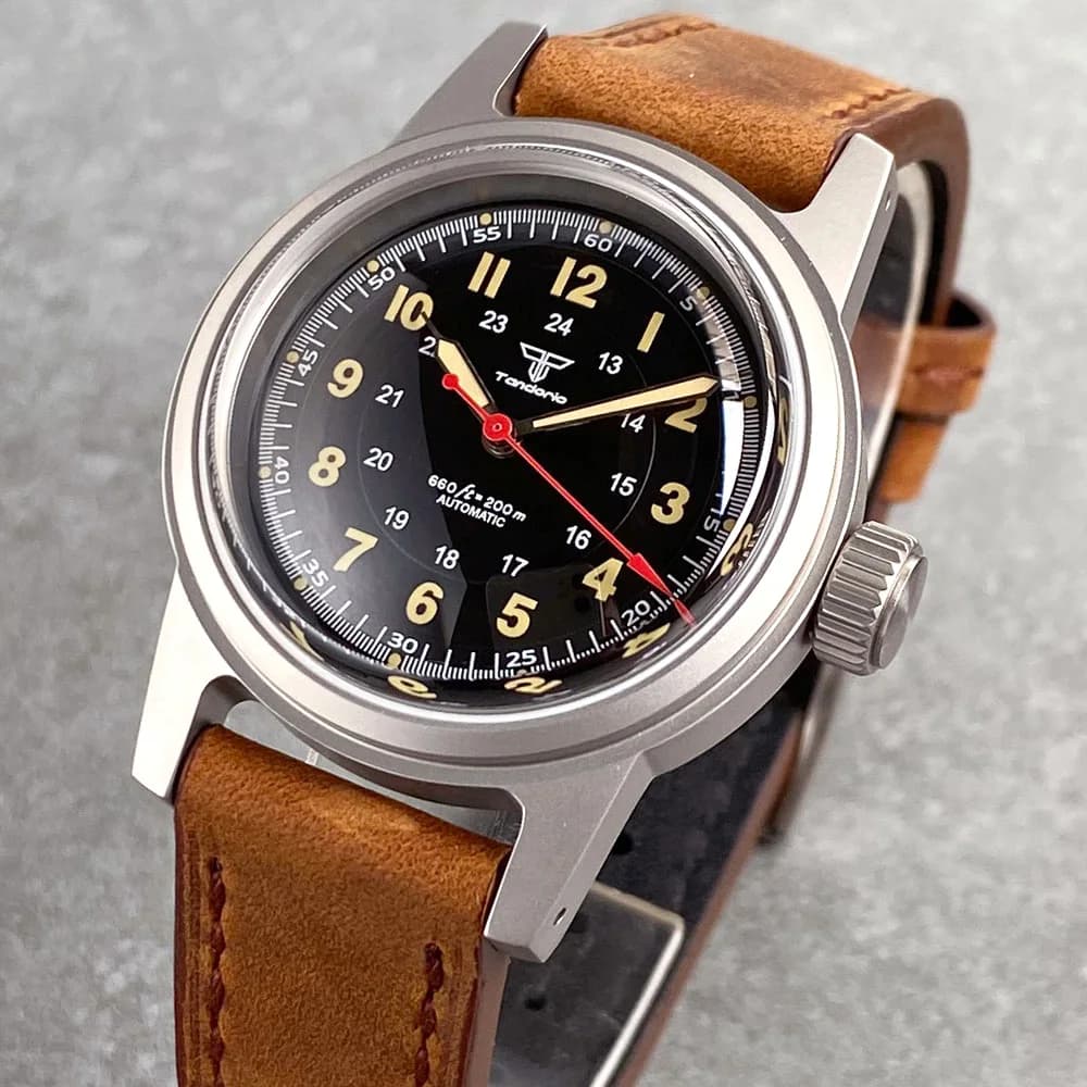 Orologio Automatico Tandorio 36mm Militare 20BAR da Immersione con Movimento Miyota, Quadrante Nero Argento Luminoso, Vetro Zaffiro Bombato, Stile Vintage, Cinturino in Pelle