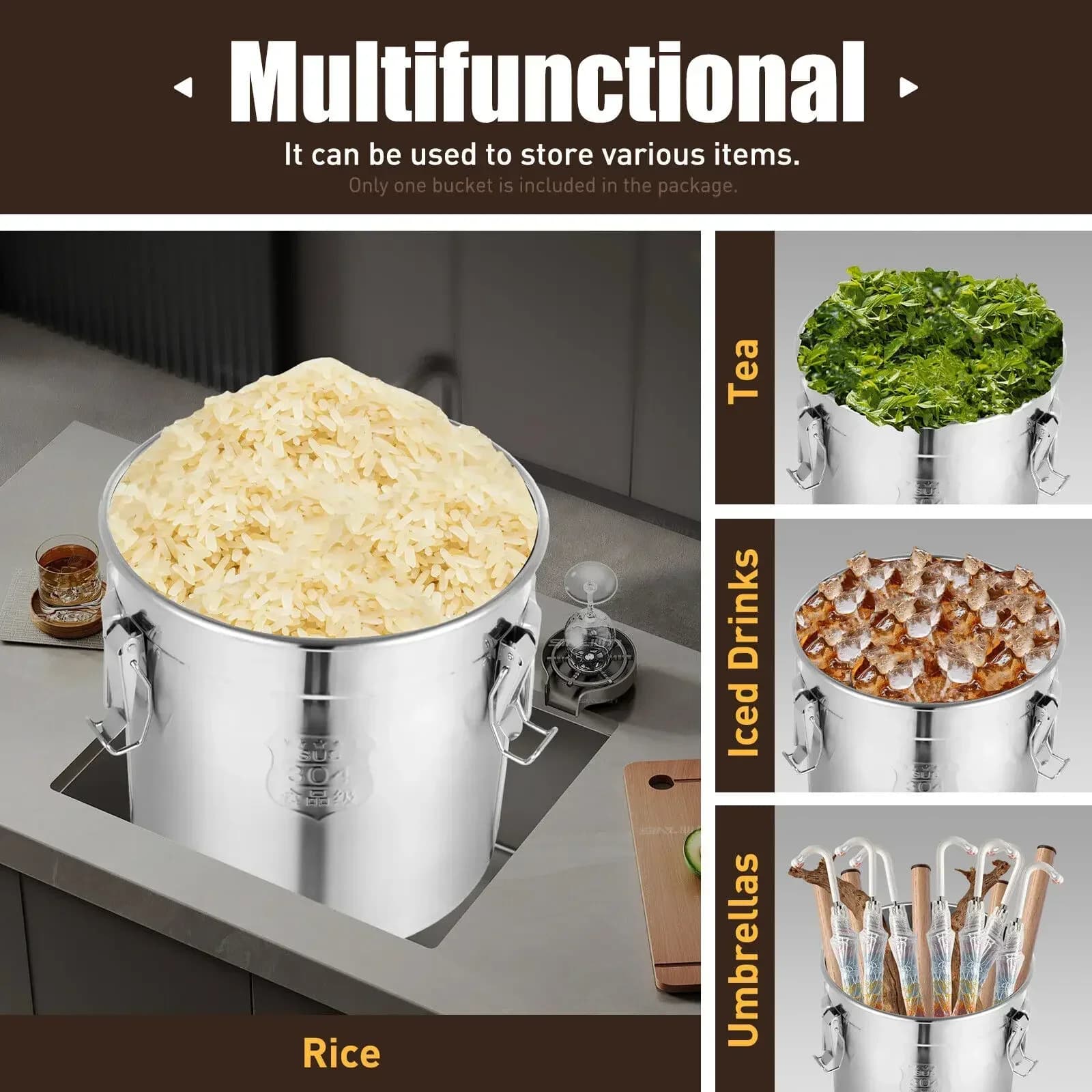 ​​Commercial Kitchen 33L Stainless Steel Airtight Food Container 304 Grade with 3 Locking Clamps Silicone Seal