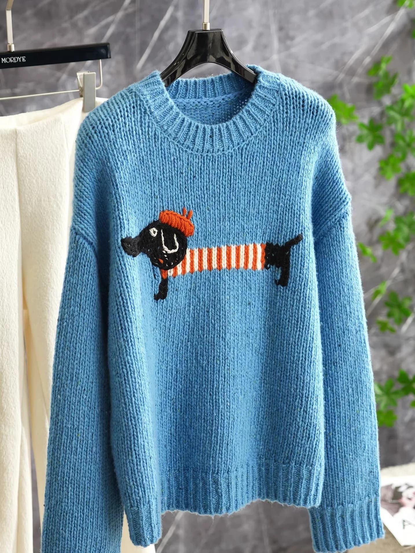 Maglione Blu a Maglia Spessa con Motivo Bassotto Cartoon, Caldo Pullover da Donna a Collo Tondo e Maniche Lunghe