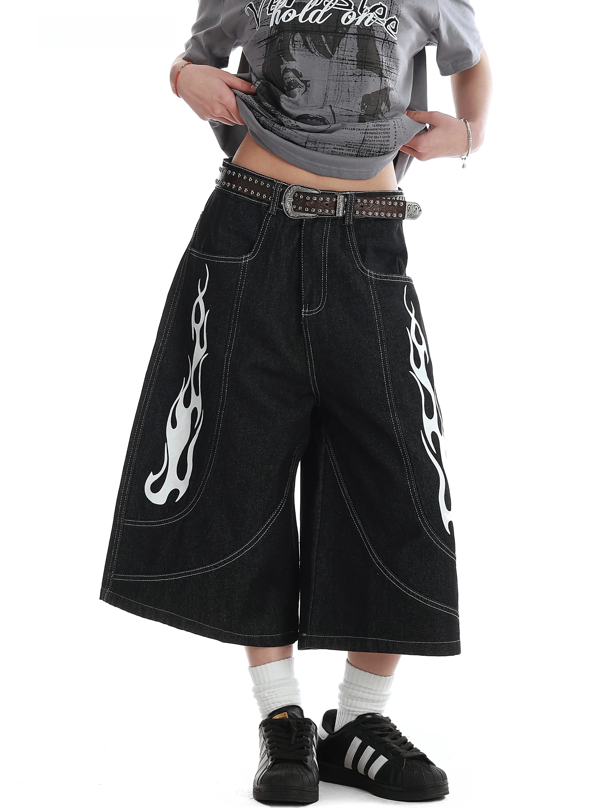 Vinmuk Jeans American Retro Flame Totem Deconstructed by Woman, Versatile Shorts Straight Wide and Trendy in Casual Cotton Denim