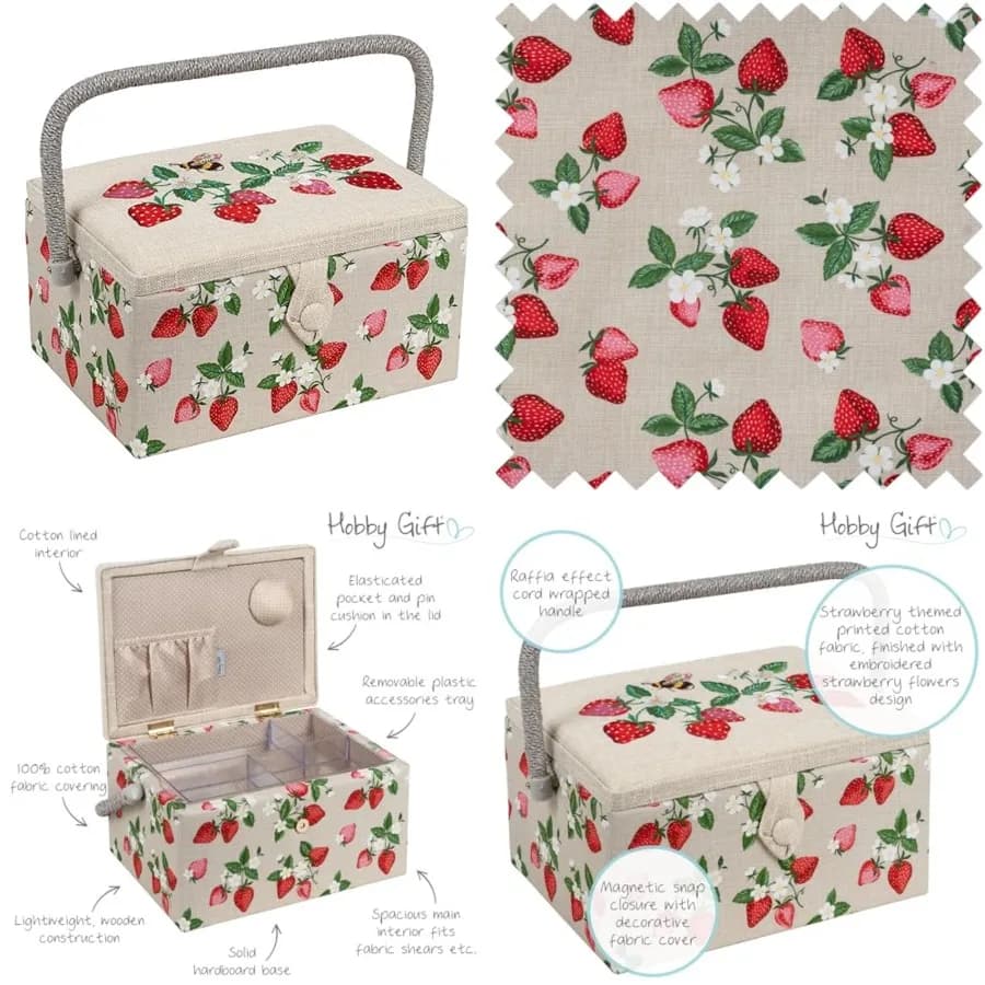 Medium Sewing Box Craft Storage Box with Handle Internal Accessories Tray Pin Cushion and Pocket for Sewing Knitting and Hobby