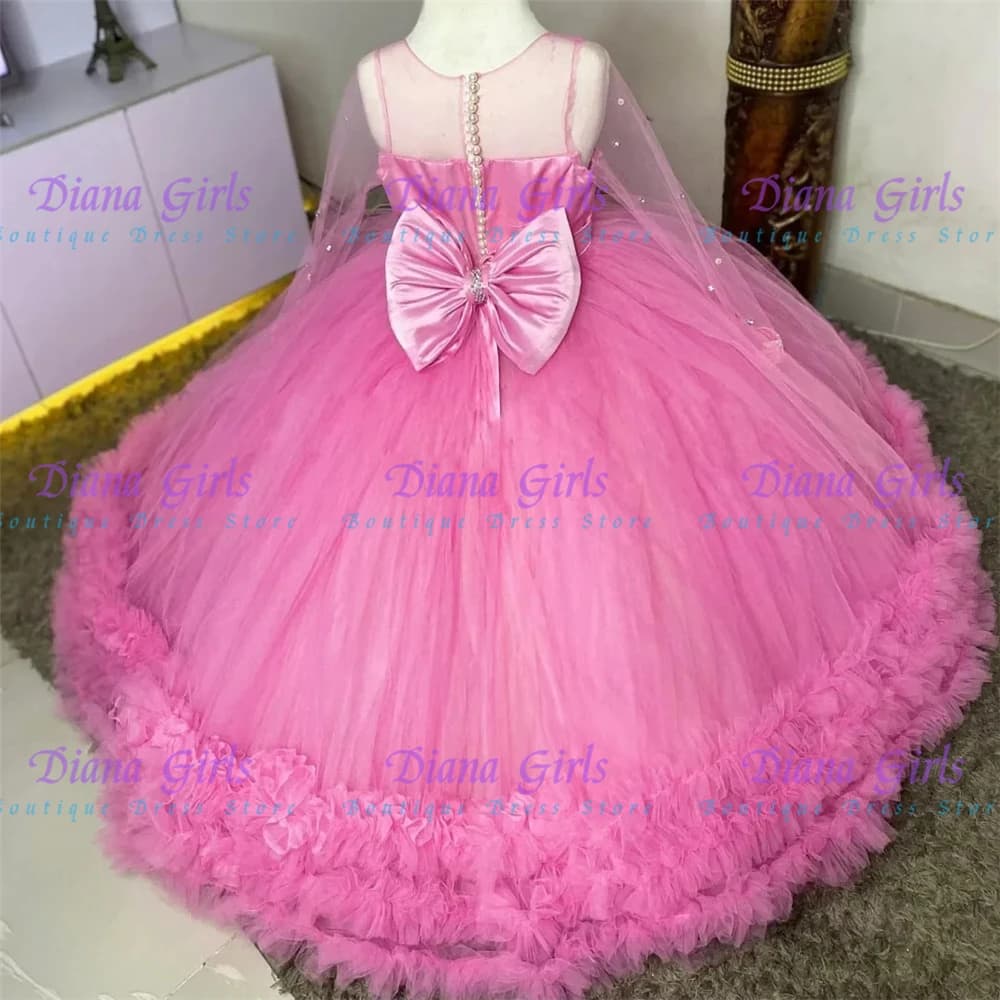Bellissimo abito da ragazza di fiore rosa per matrimonio principessa abito da ballo per festa di compleanno per bambini con applicazioni in pizzo di cristallo lucido a maniche lunghe