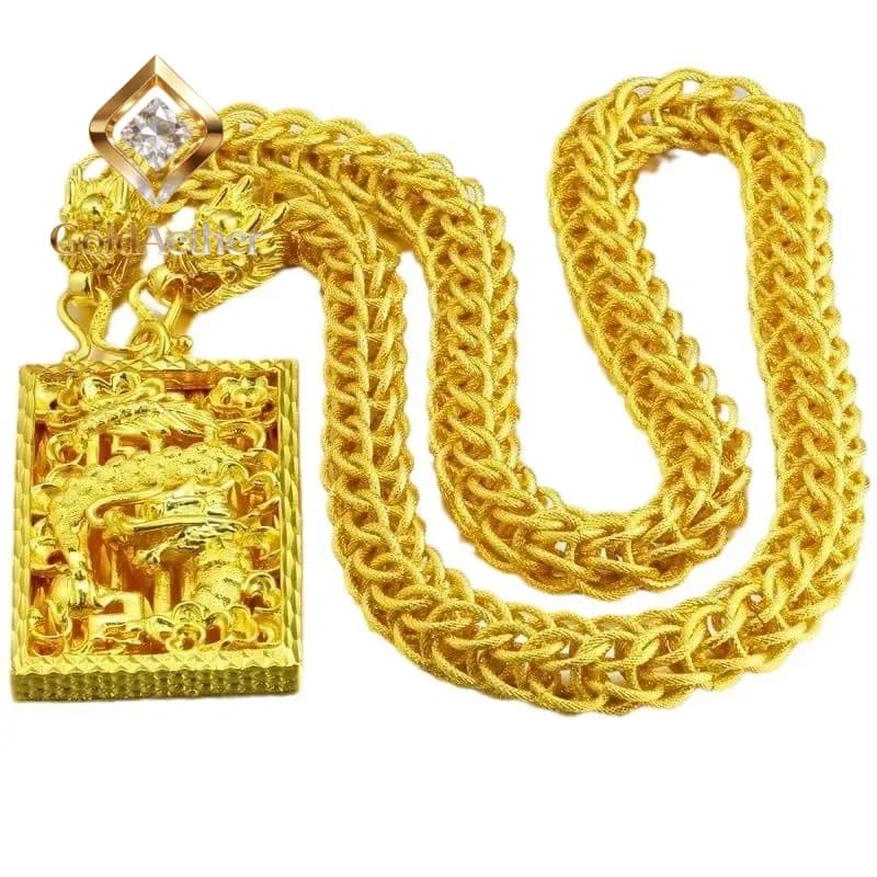Collana con Pendente Drago in Oro Vero 24K 9999 GoldAether con Motivo a Tessuto Ruvido e Potente, Collana con Testa di Drago, Regalo
