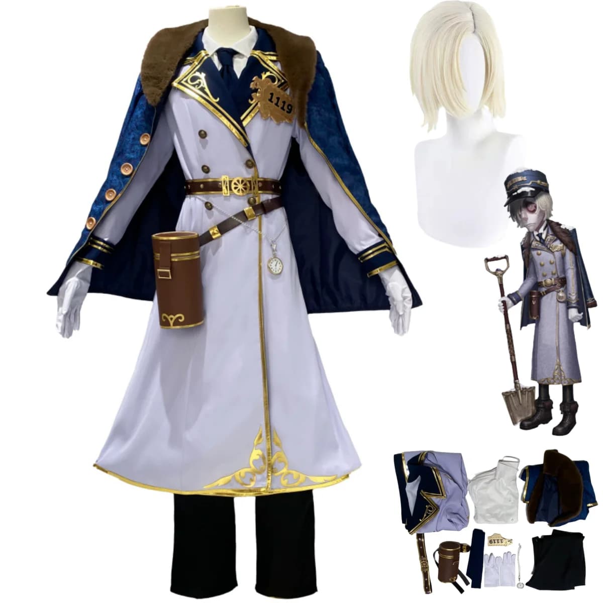 Game Identity V Andrew Kreiss Grave Keeper Conduttore Costume Cosplay Mantello Scialle Cappotto bianco Parrucca Uomo Vestito da festa di Natale