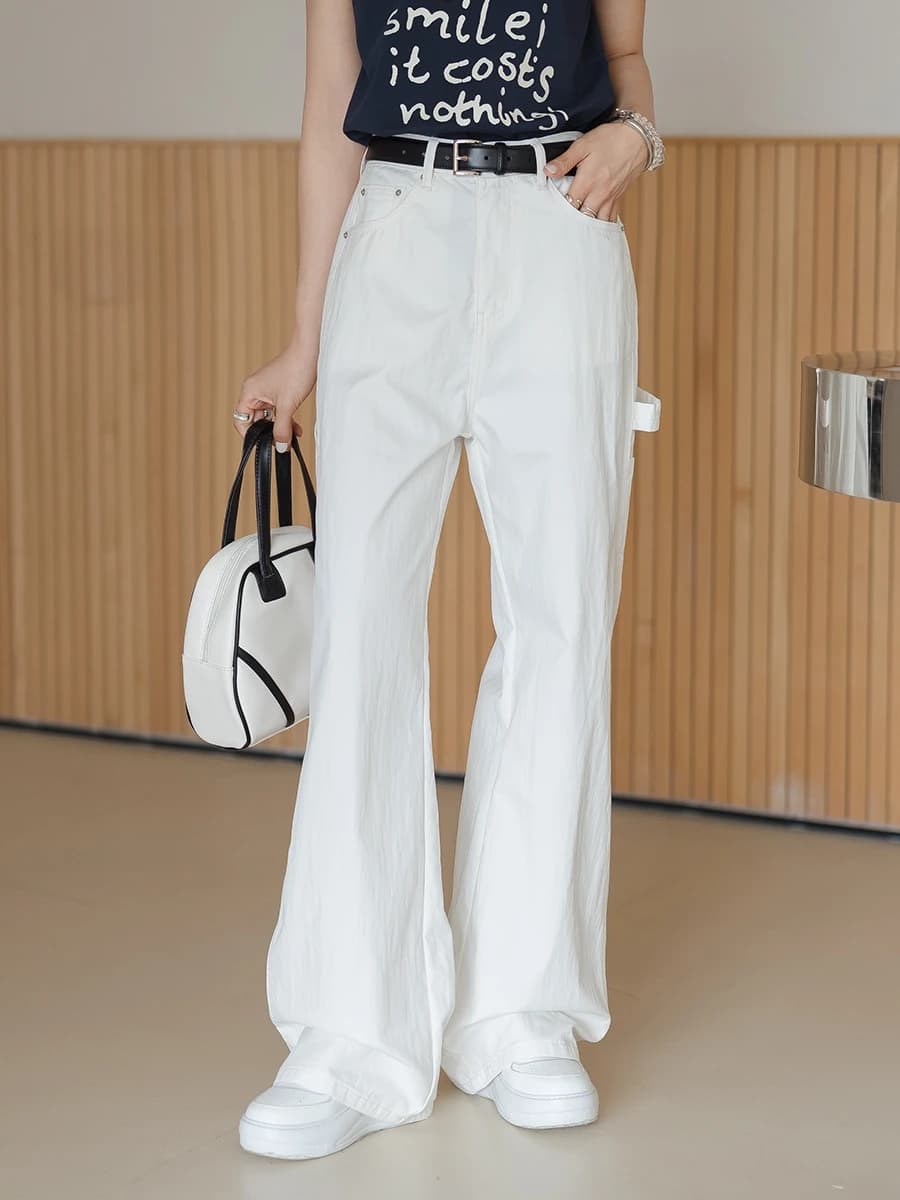 Pantaloni da Lavoro Bianchi a Gamba Dritta e Vita Alta per Donna, Jeans Casual a Gamba Larga, Comodi e Versatili