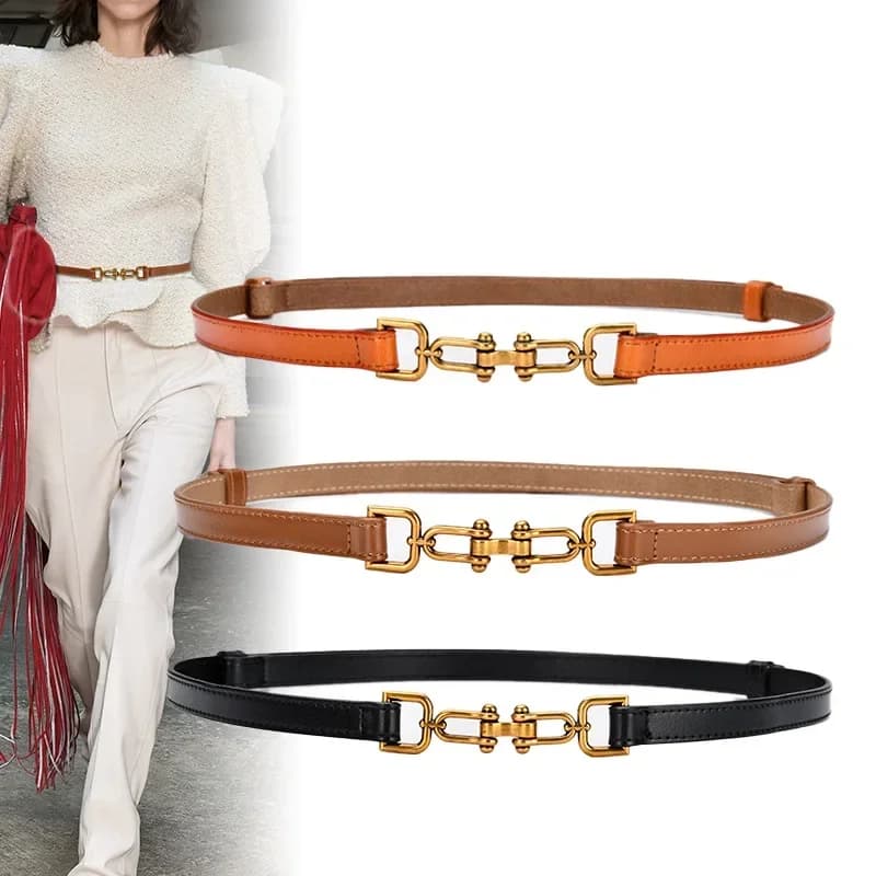 Cinture in Vera Pelle Coreana per Donne, Cintura Sottile in Pelle Verniciata con Fibbia Dorata per Abiti, Cintura di Lusso Regolabile da Donna
