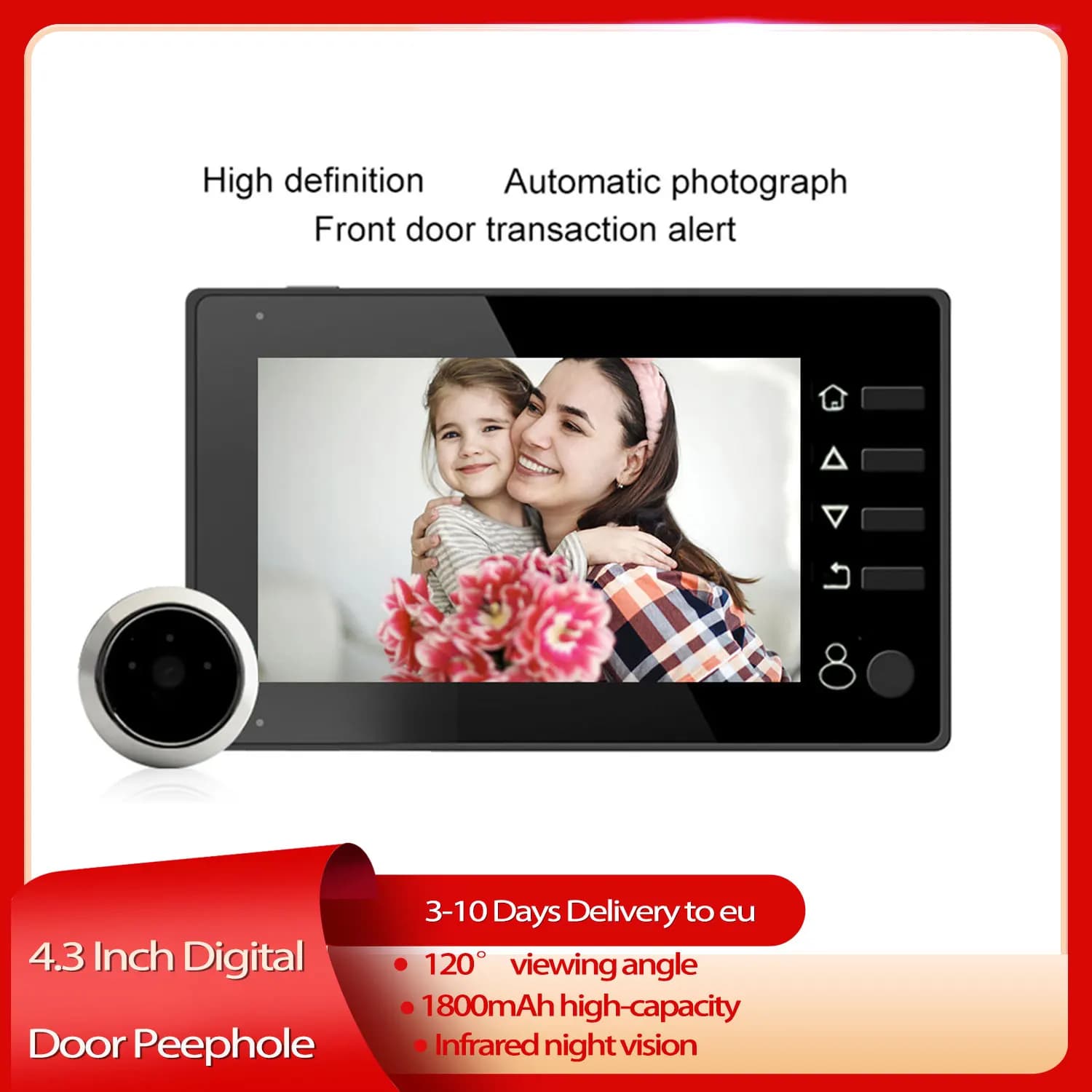 Monitor da 1 MP Telecamera Display HD da 4,3 pollici Campanello Spioncino Rilevazione movimento PIR Visualizzatore porta Visione notturna a infrarossi Campanello Cat Eye