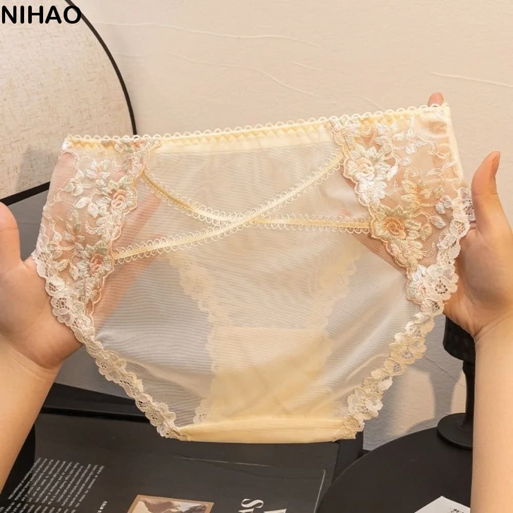 Transparent Women Mesh Underwear Embroidery Floral Hollowed Panties Lace Underwear Breathable Invisible Embroidery Lace Briefs