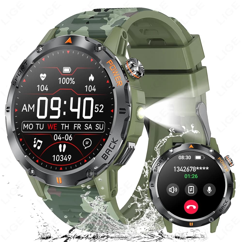 LIGE Outdoors Sports Smart Watch Military Level Smart Men's Watch Wrist Watch with 400 mAh LED Flashlight Smart Watches for Android IOS