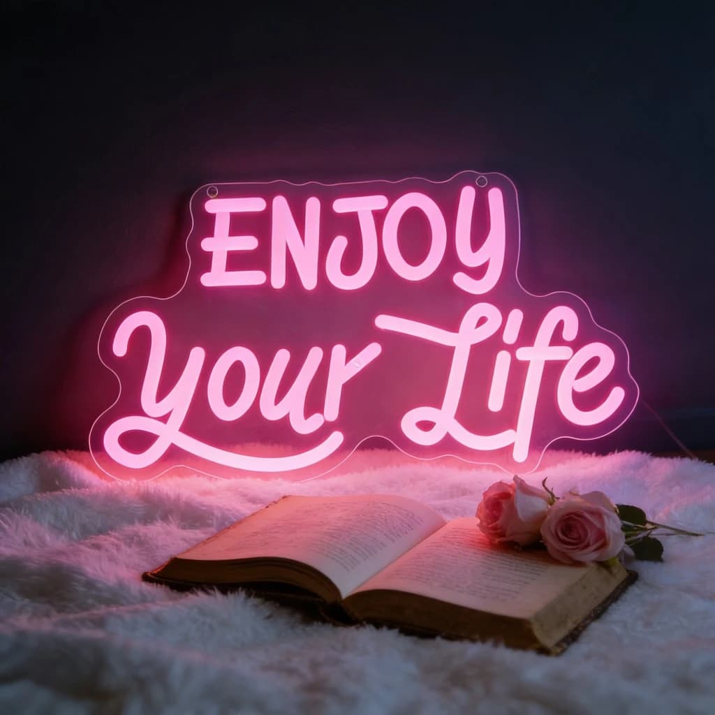 Enjoy Your Life Neon Sign LED Wall Art Lighting Pink Inspirational Quote Decor Bedroom Living Room Table Desk Lamp Home Gift