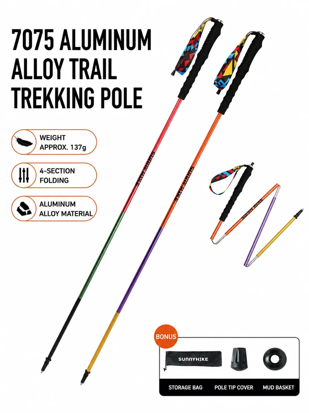 Ultralight 7075 Aluminum Folding Trekking Pole Trail Running Hiking Sticks 4-Section Collapsible Walking Poles for Climbing Gear
