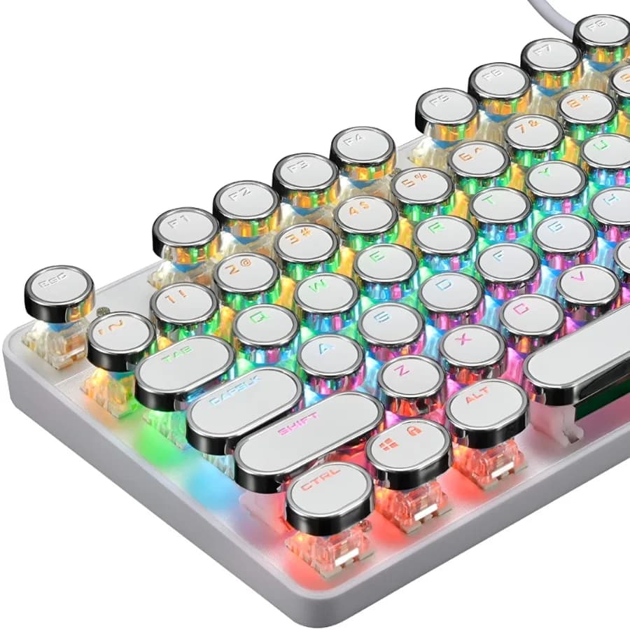 Mechanical Gaming Keyboard Typewriter Style with RGB LED Rainbow Backlit Blue Switch Retro Steampunk Round Keycaps for Windows