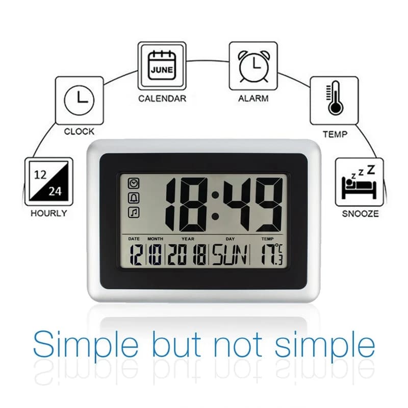 Large screen silent digital watch for wall or desk, battery powered, easy to read bedside alarm