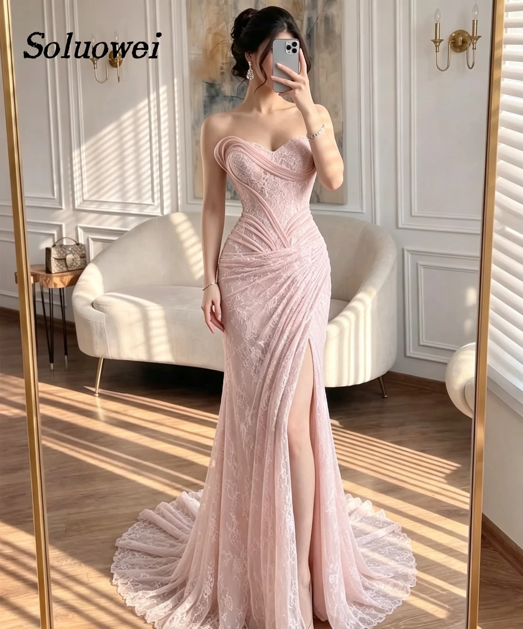 Sweetheart Strapless Lace Mermaid Evening Dresses Pleated Waist High Split Formal Party Prom Gowns Customized Vestidos De Noche