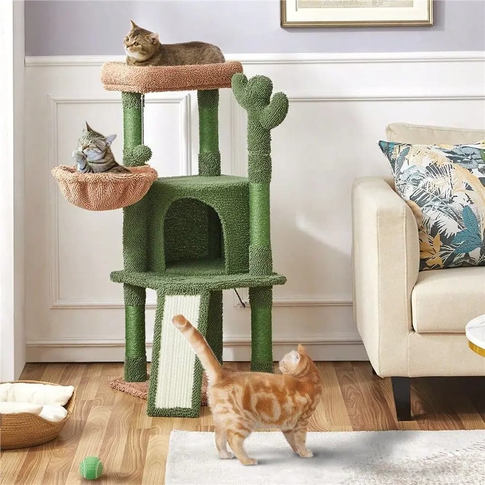 1 Pezzo Albero per Gatti 42, con 5 Pali in Sisal Naturale, Cuscino Imbottito, Cuccia Privata, Cesto, Cinghia Anti-Ribaltamento e Base Rinforzata