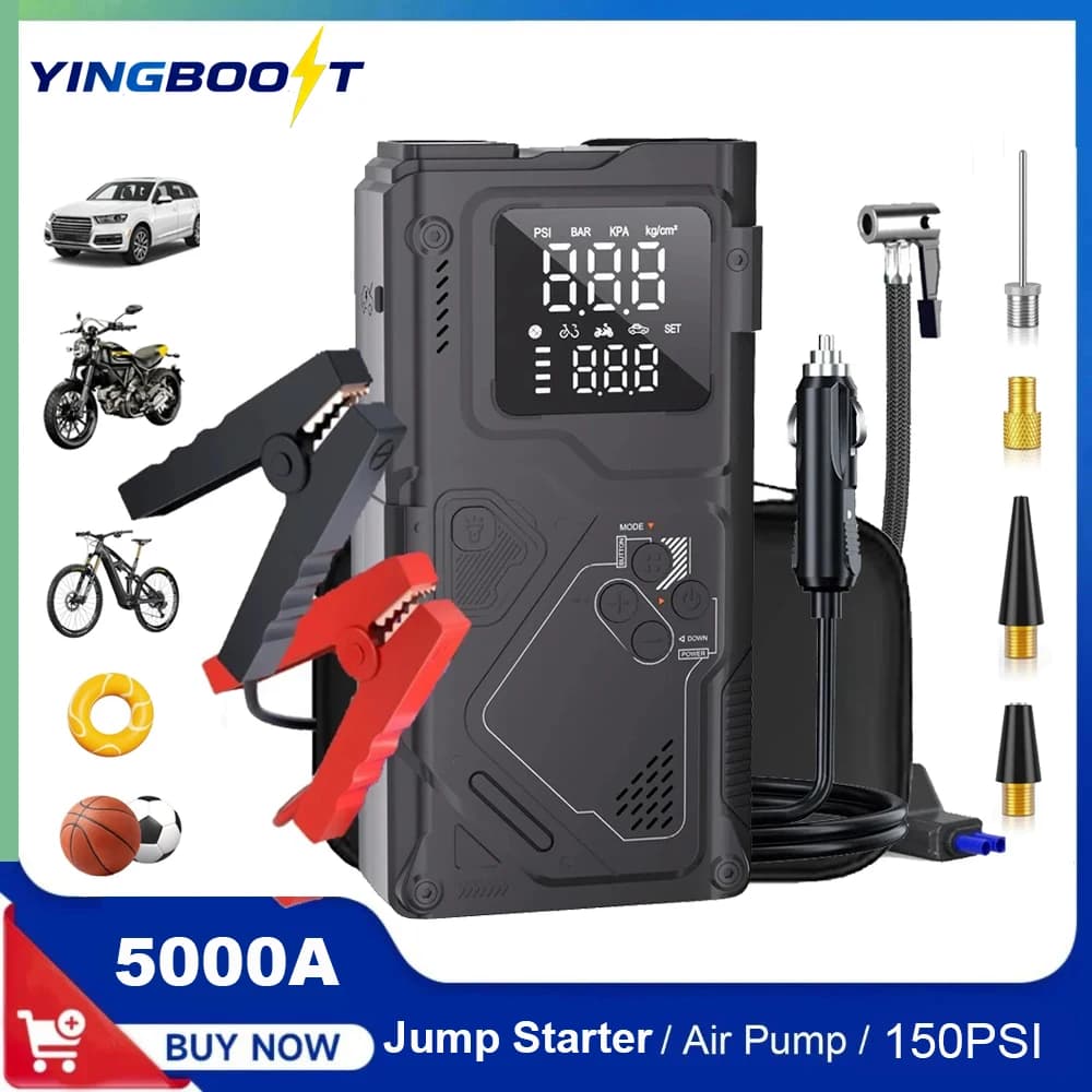 Avviatore di Emergenza per Auto con Gonfiatore Pneumatici 150PSI, Avviatore con Pompa d'Aria, Picco 1500A, Booster per Benzina 8L/Diesel 5L, Luce LED 400LM