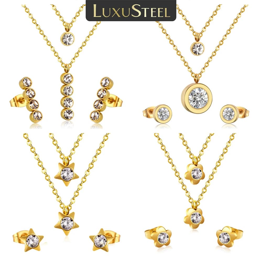 LUXUSTEEL Set di orecchini con pendenti a forma di fiore con zirconi cubici per donna, ragazza, collana con catena in acciaio inossidabile, regalo di gioielli
