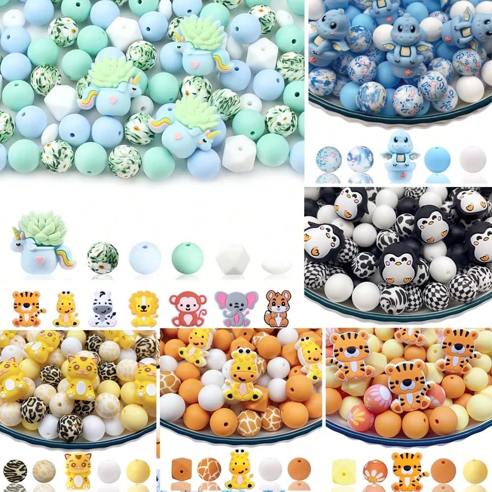 Set di 30 perline in silicone: simpatici disegni di dinosauri, piante e fiori per gioielli fai da te, portachiavi, bracciali e penne artigianali