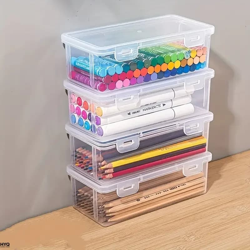 4 transparent PP box holders with covers, which can be used to store office items, pencils and DIY objects