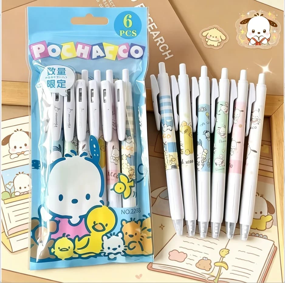 Confezione da 6 Penne Gel Retrattili Kawaii Pochacco, Nuove e Carine, per Scrittura e Accessori da Ufficio, Scorrevoli e Robuste